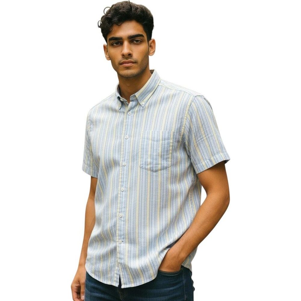 Tommy Bahama Men's L Blue Stripe Silk Short Sleeve Button Front Shirt